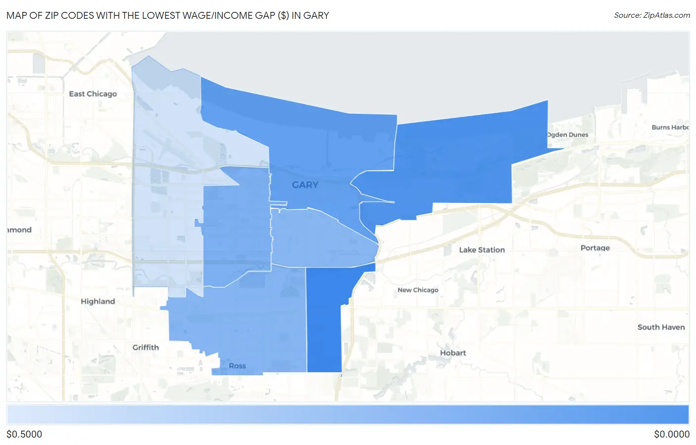 Zip Codes with the Lowest Wage/Income Gap ($) in Gary Map