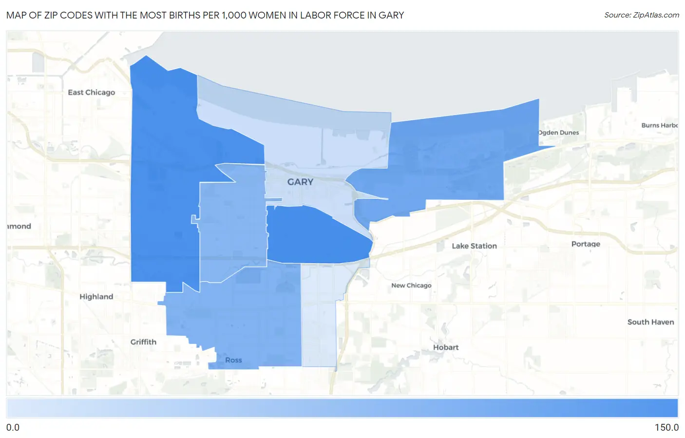 Zip Codes with the Most Births per 1,000 Women in Labor Force in Gary Map