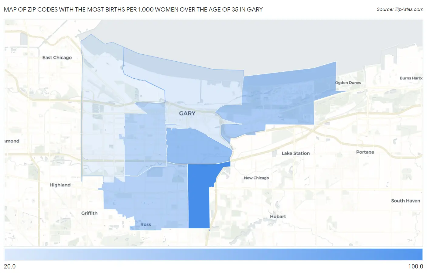 Zip Codes with the Most Births per 1,000 Women Over the Age of 35 in Gary Map