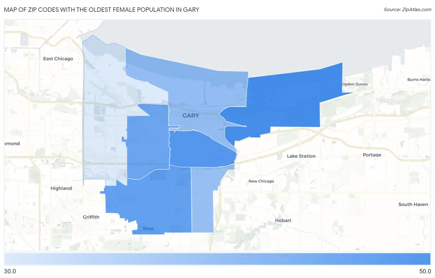 Zip Codes with the Oldest Female Population in Gary Map