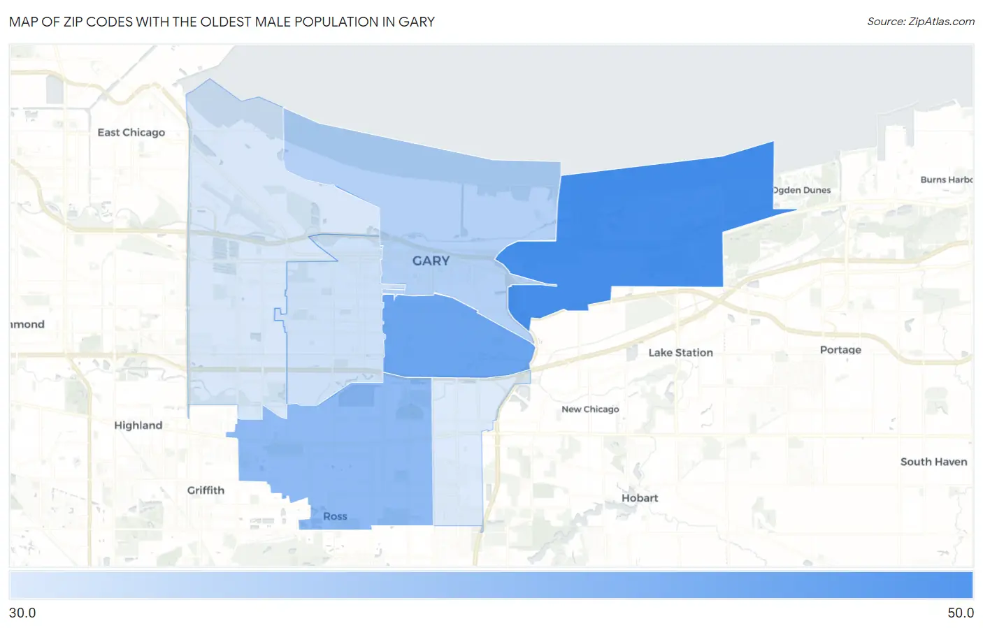 Zip Codes with the Oldest Male Population in Gary Map
