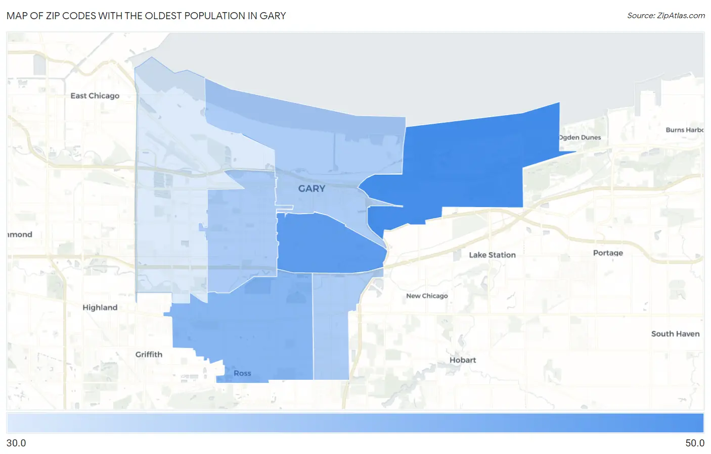 Zip Codes with the Oldest Population in Gary Map