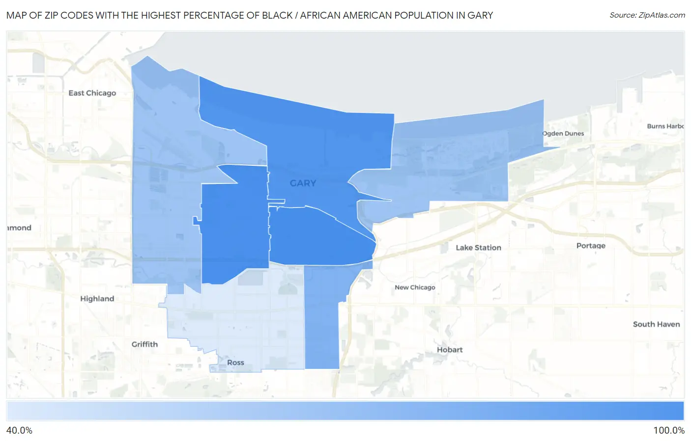 Zip Codes with the Highest Percentage of Black / African American Population in Gary Map
