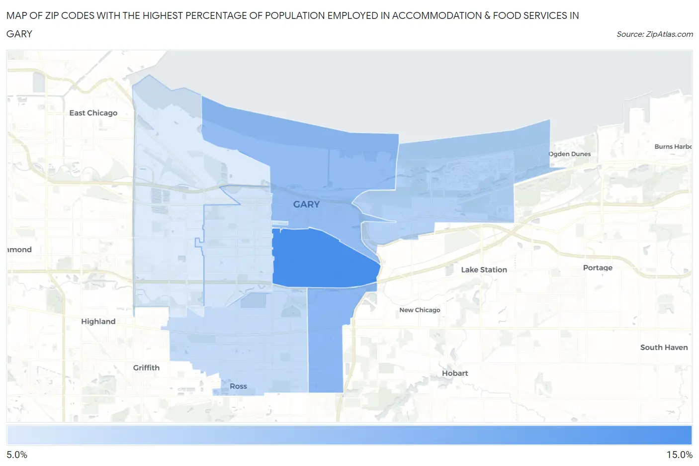 Zip Codes with the Highest Percentage of Population Employed in Accommodation & Food Services in Gary Map