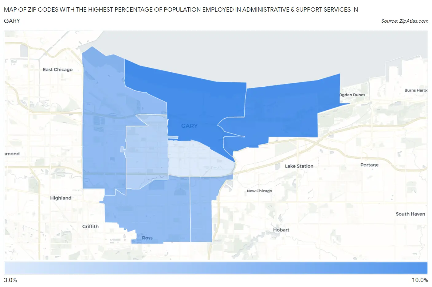 Zip Codes with the Highest Percentage of Population Employed in Administrative & Support Services in Gary Map