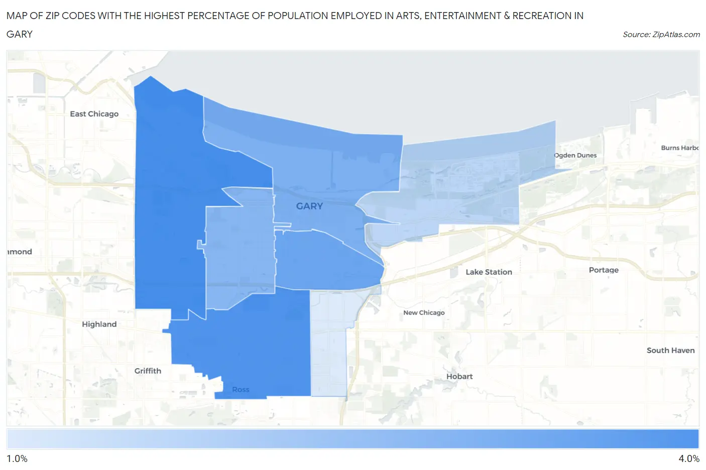 Zip Codes with the Highest Percentage of Population Employed in Arts, Entertainment & Recreation in Gary Map