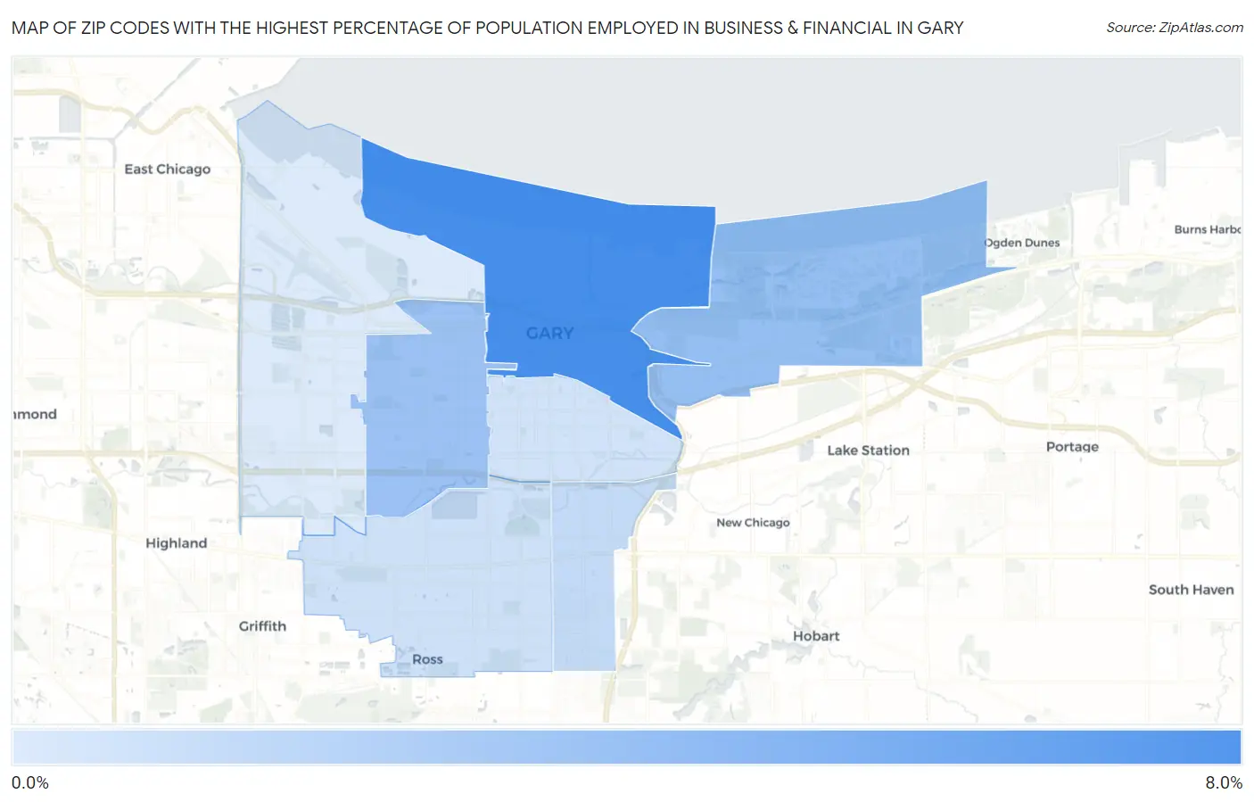 Zip Codes with the Highest Percentage of Population Employed in Business & Financial in Gary Map