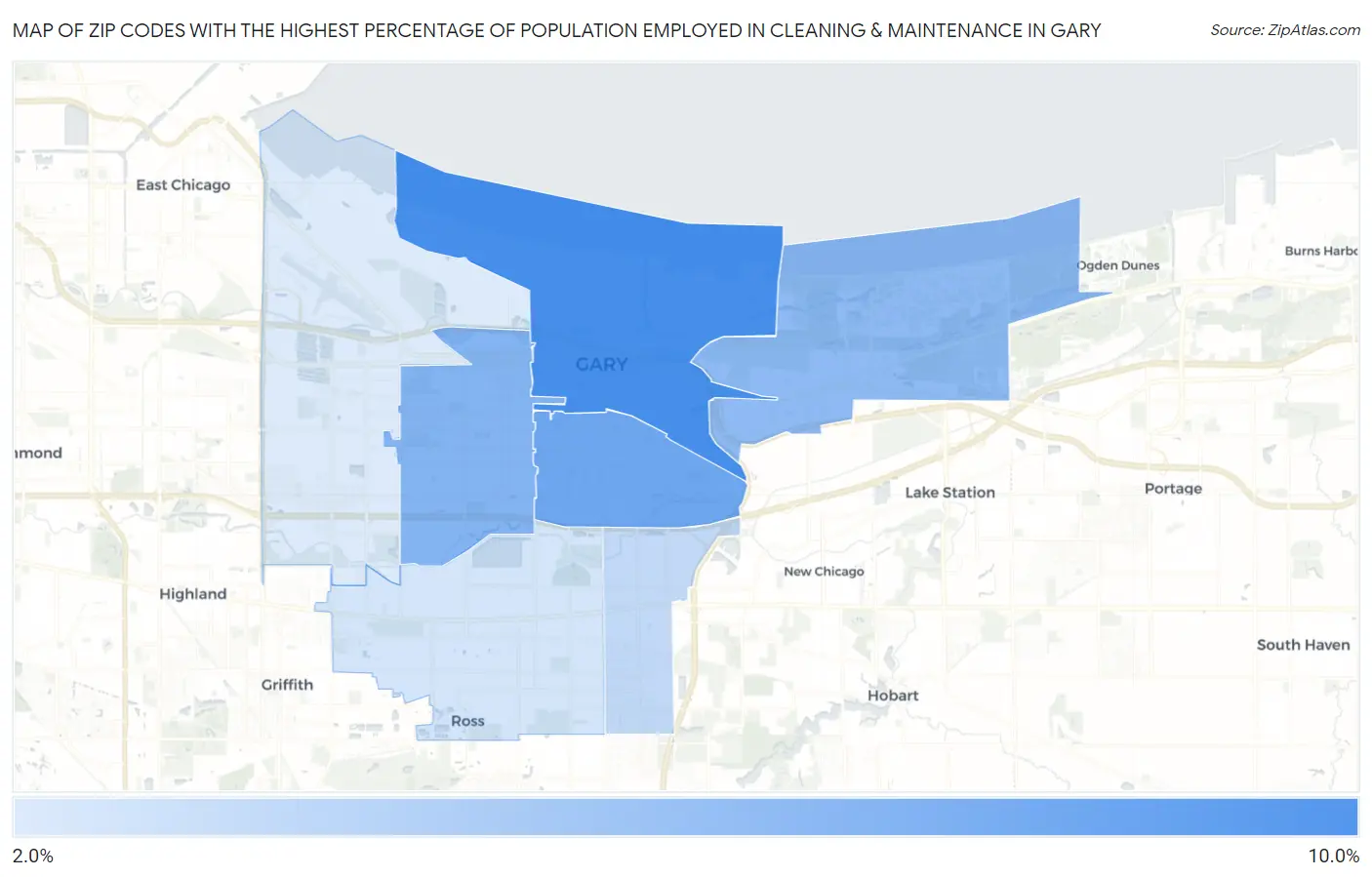 Zip Codes with the Highest Percentage of Population Employed in Cleaning & Maintenance in Gary Map