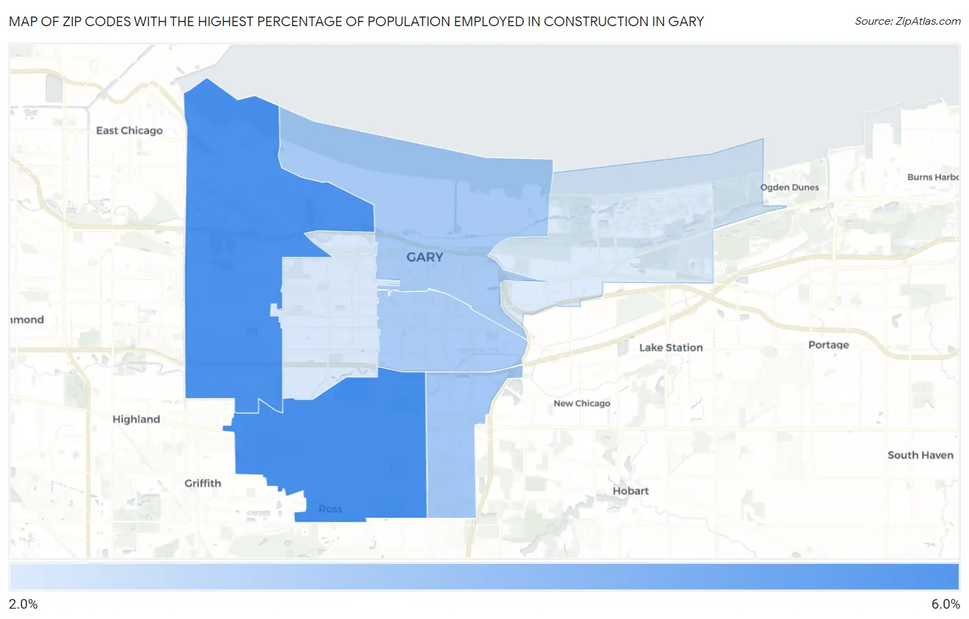 Zip Codes with the Highest Percentage of Population Employed in Construction in Gary Map