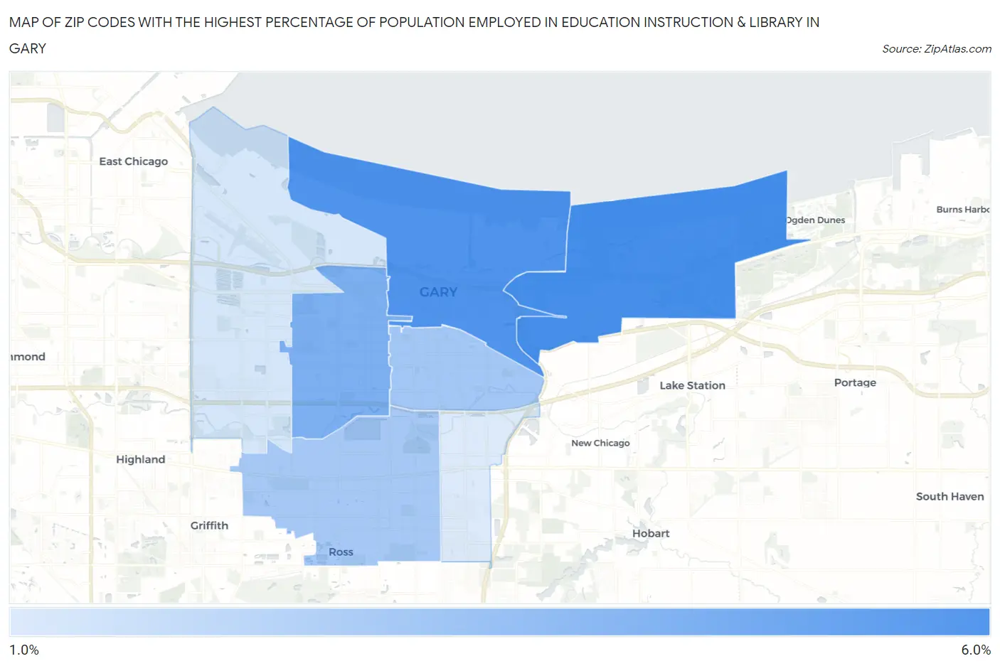Zip Codes with the Highest Percentage of Population Employed in Education Instruction & Library in Gary Map