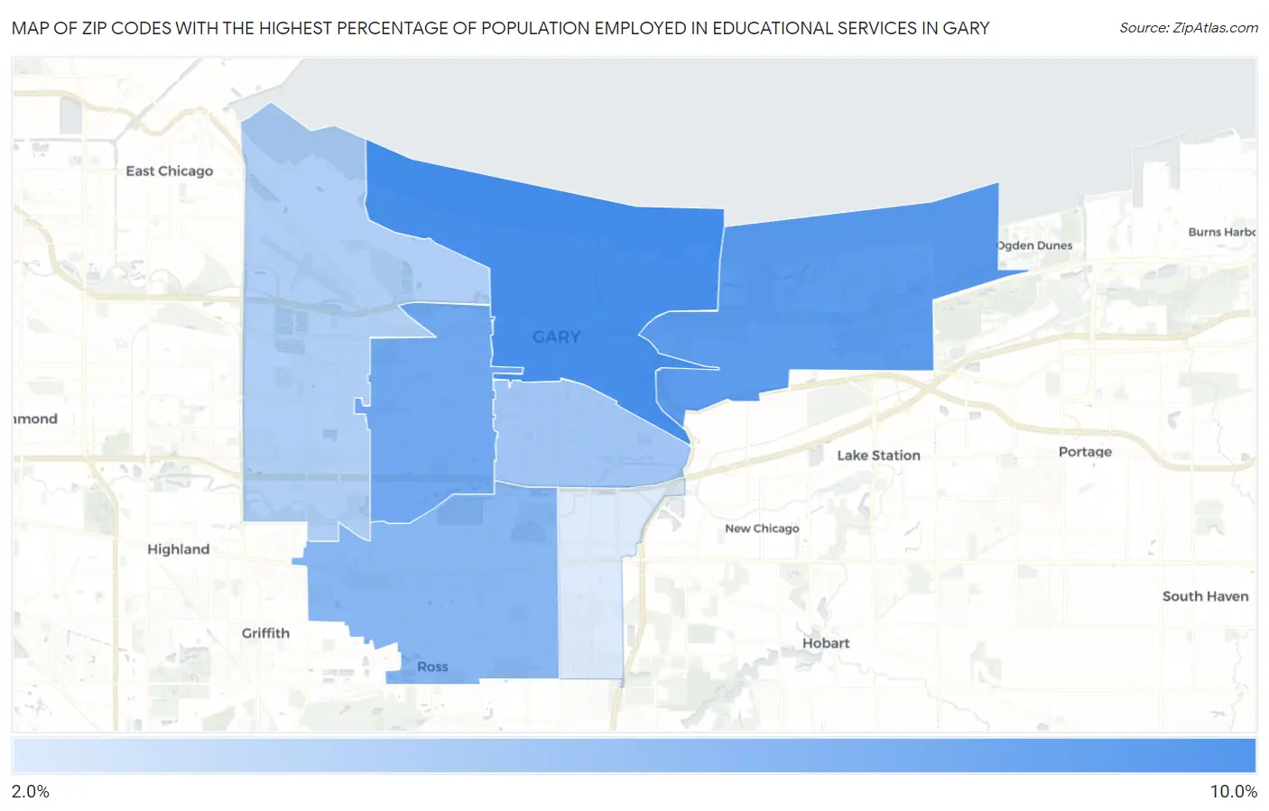 Zip Codes with the Highest Percentage of Population Employed in Educational Services in Gary Map