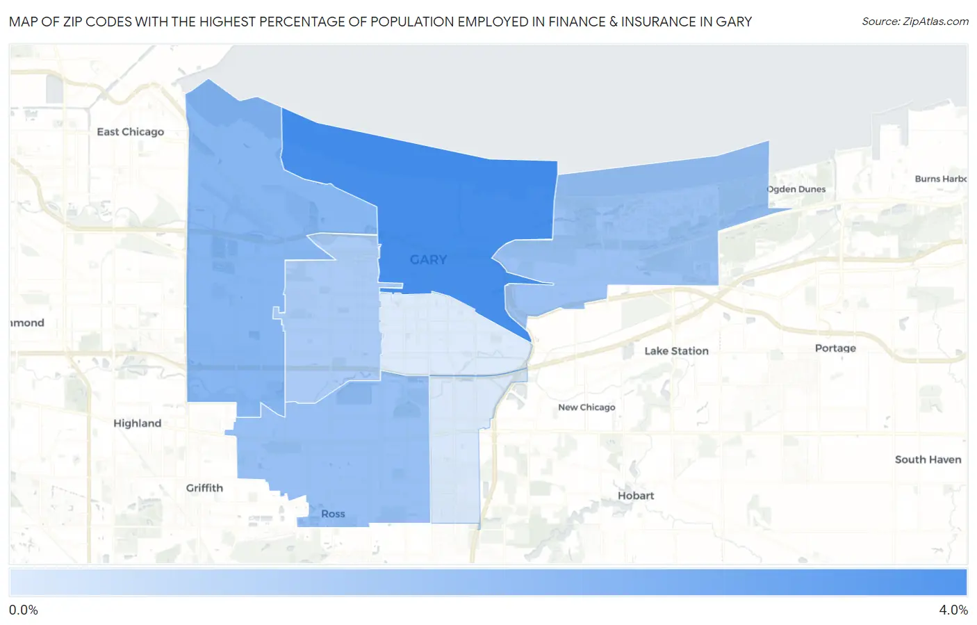 Zip Codes with the Highest Percentage of Population Employed in Finance & Insurance in Gary Map
