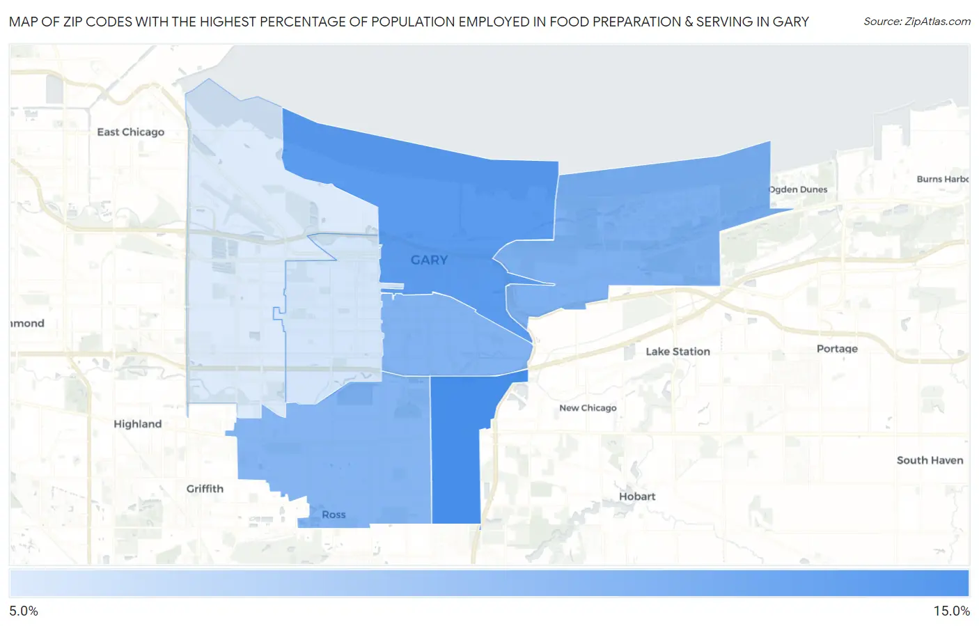 Zip Codes with the Highest Percentage of Population Employed in Food Preparation & Serving in Gary Map