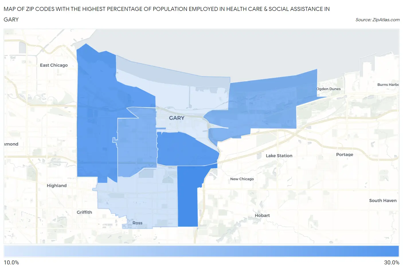 Zip Codes with the Highest Percentage of Population Employed in Health Care & Social Assistance in Gary Map