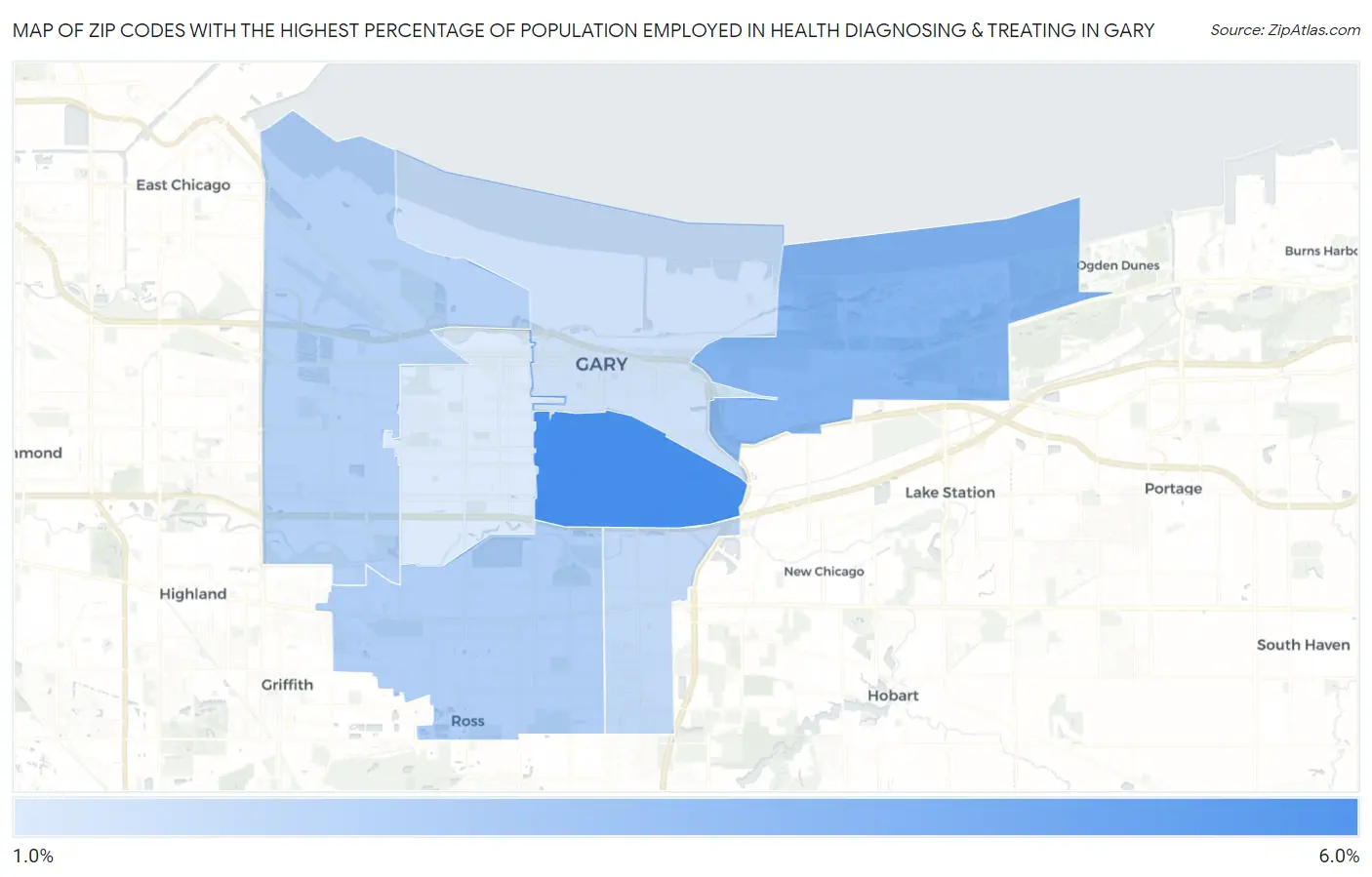 Zip Codes with the Highest Percentage of Population Employed in Health Diagnosing & Treating in Gary Map