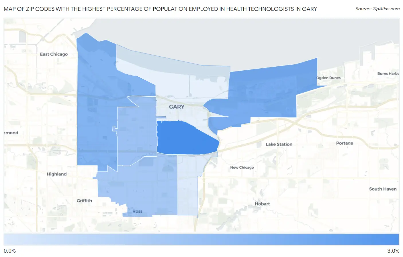 Zip Codes with the Highest Percentage of Population Employed in Health Technologists in Gary Map