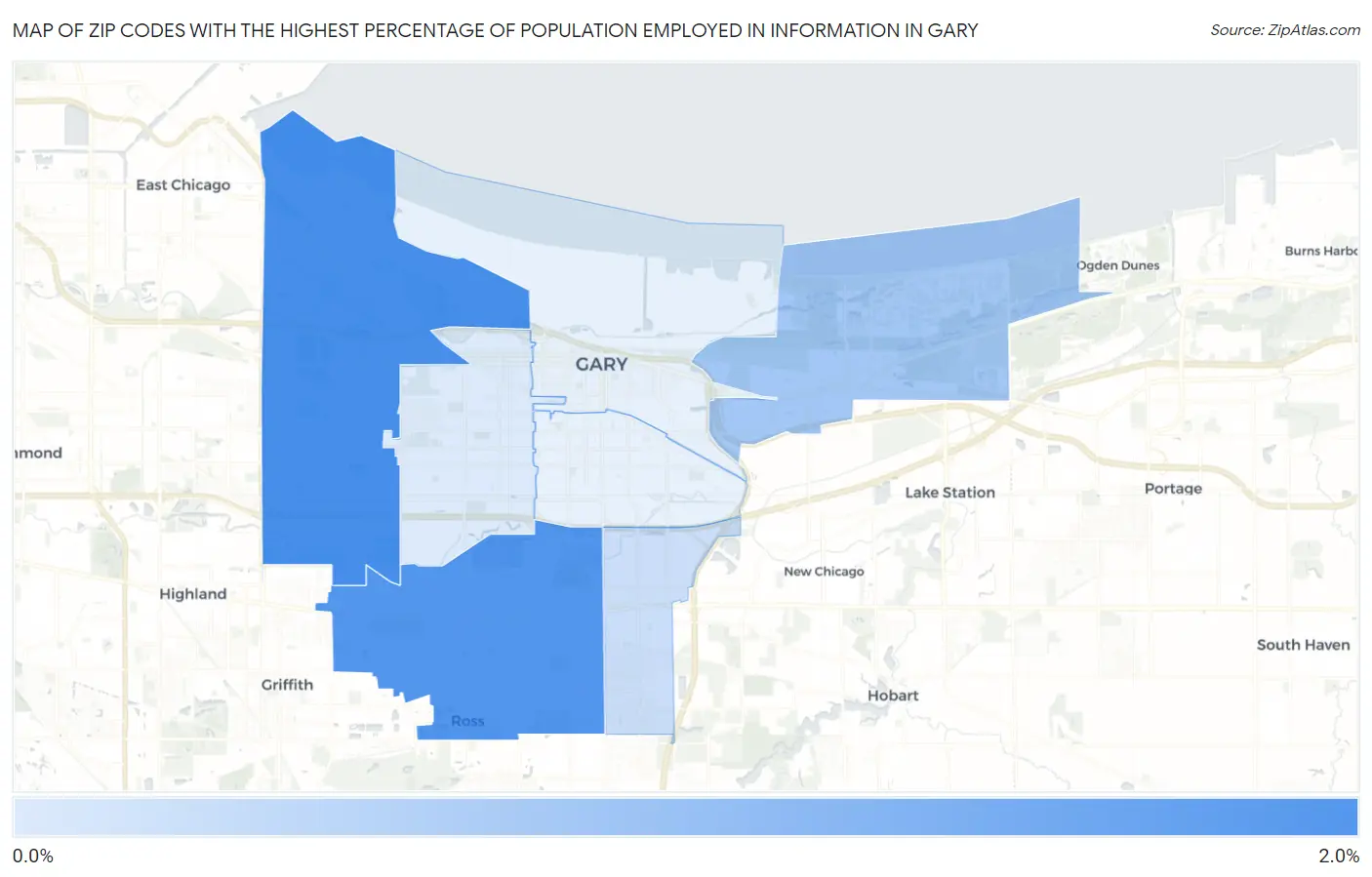 Zip Codes with the Highest Percentage of Population Employed in Information in Gary Map