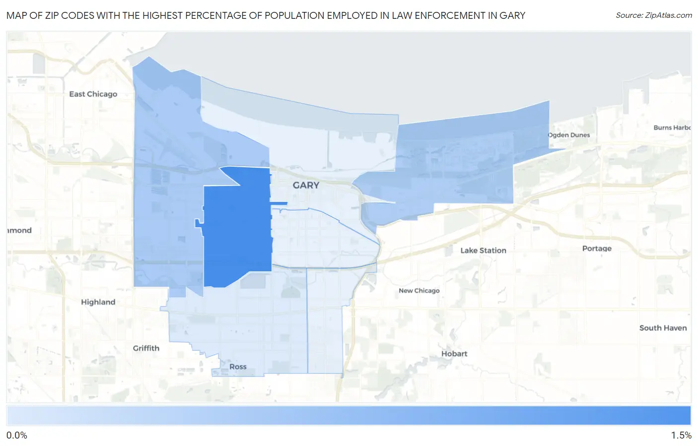 Zip Codes with the Highest Percentage of Population Employed in Law Enforcement in Gary Map