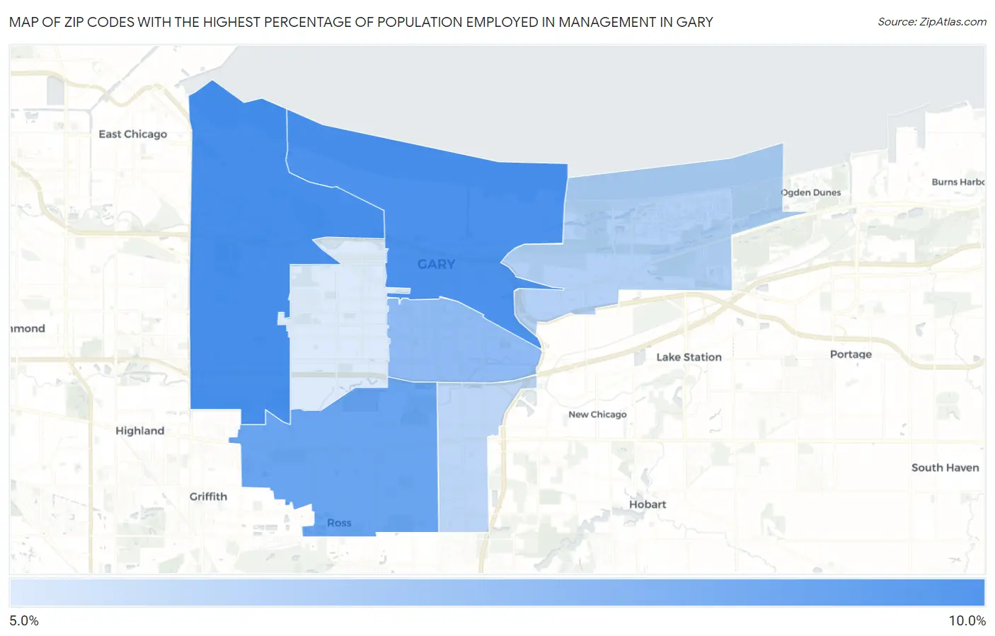 Zip Codes with the Highest Percentage of Population Employed in Management in Gary Map