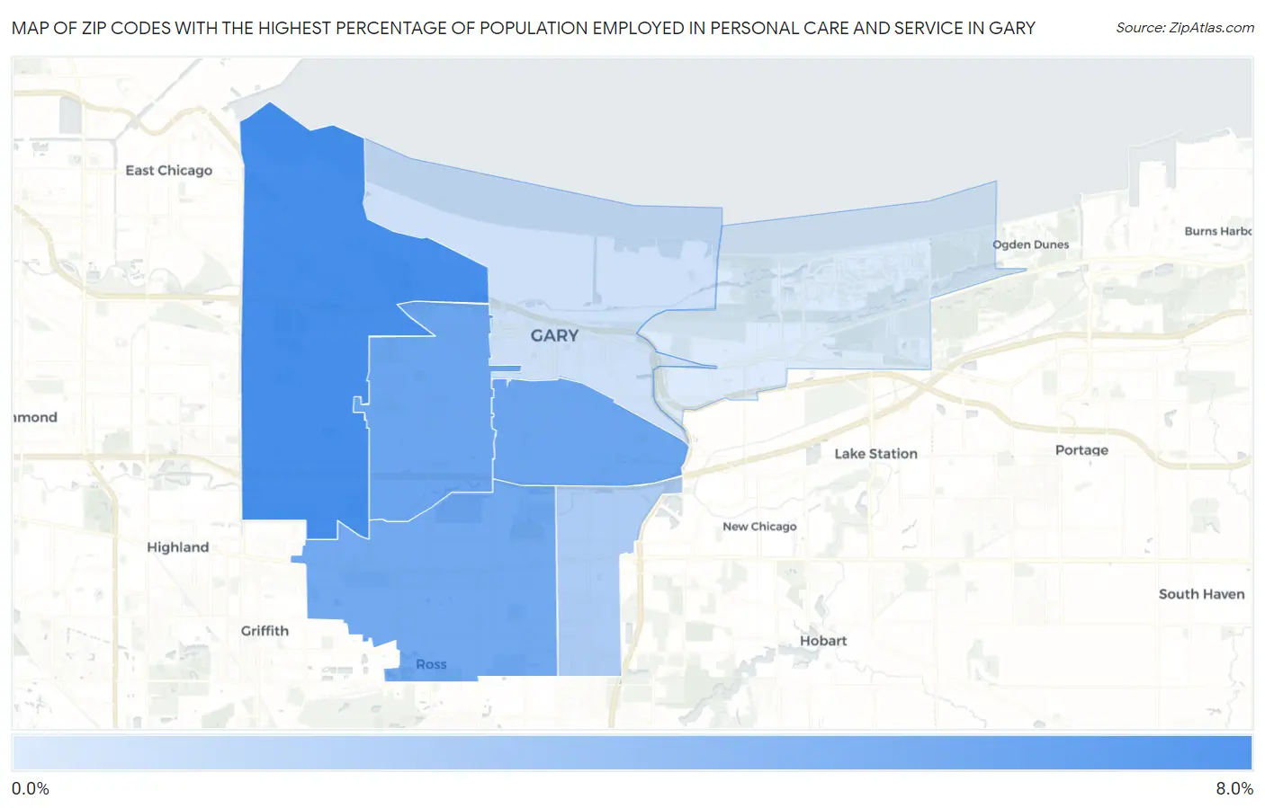 Zip Codes with the Highest Percentage of Population Employed in Personal Care and Service in Gary Map