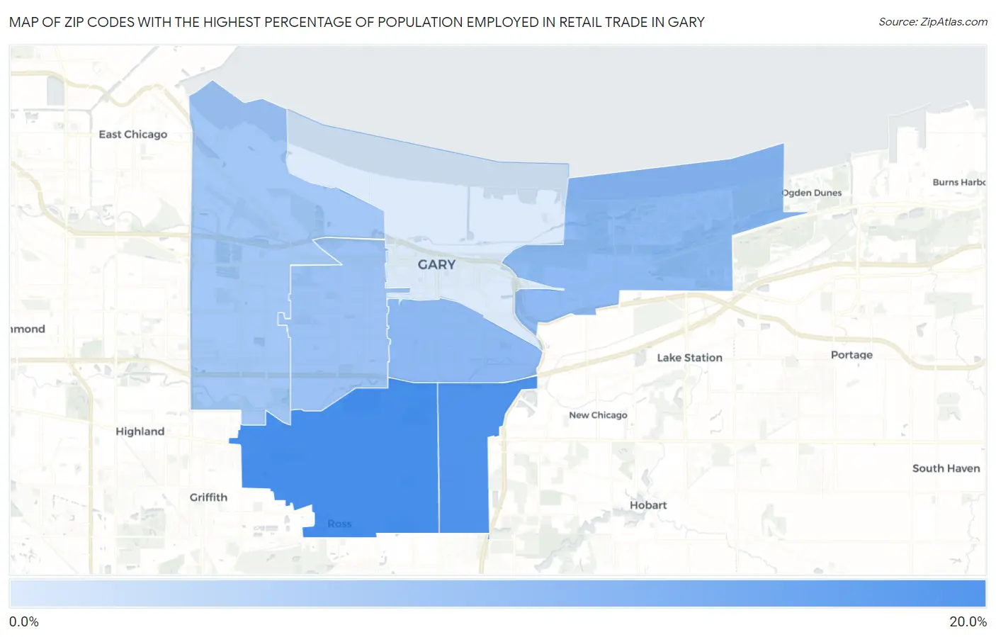 Zip Codes with the Highest Percentage of Population Employed in Retail Trade in Gary Map