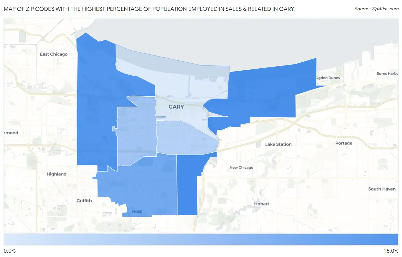 Zip Codes with the Highest Percentage of Population Employed in Sales & Related in Gary Map