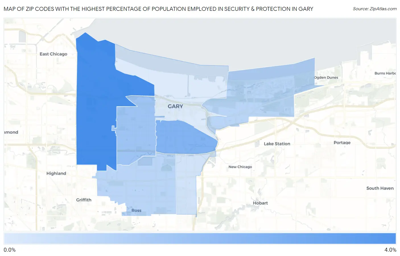Zip Codes with the Highest Percentage of Population Employed in Security & Protection in Gary Map