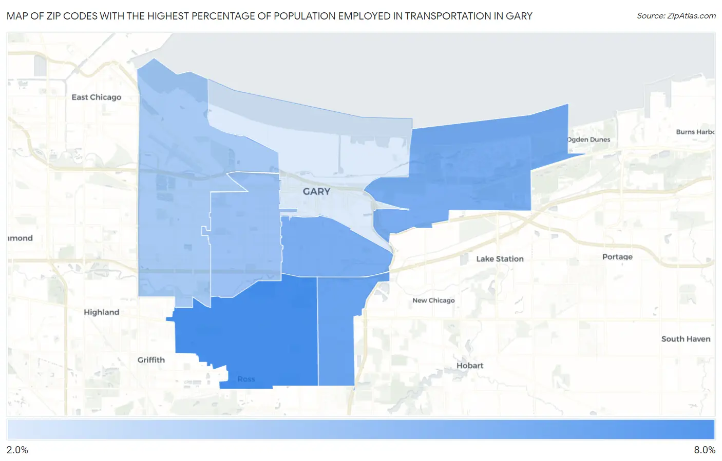 Zip Codes with the Highest Percentage of Population Employed in Transportation in Gary Map