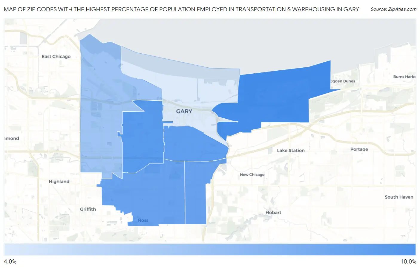 Zip Codes with the Highest Percentage of Population Employed in Transportation & Warehousing in Gary Map