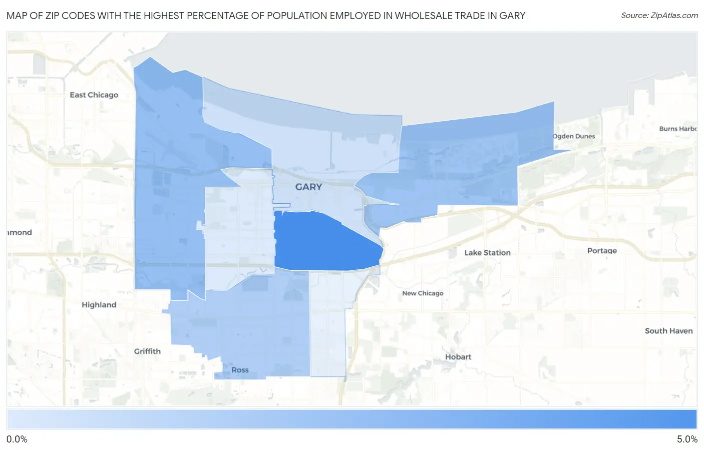 Zip Codes with the Highest Percentage of Population Employed in Wholesale Trade in Gary Map