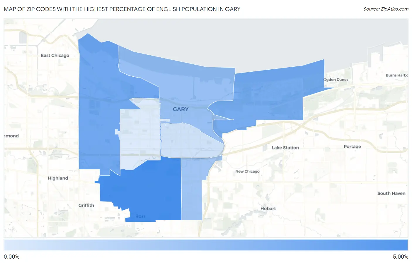 Zip Codes with the Highest Percentage of English Population in Gary Map