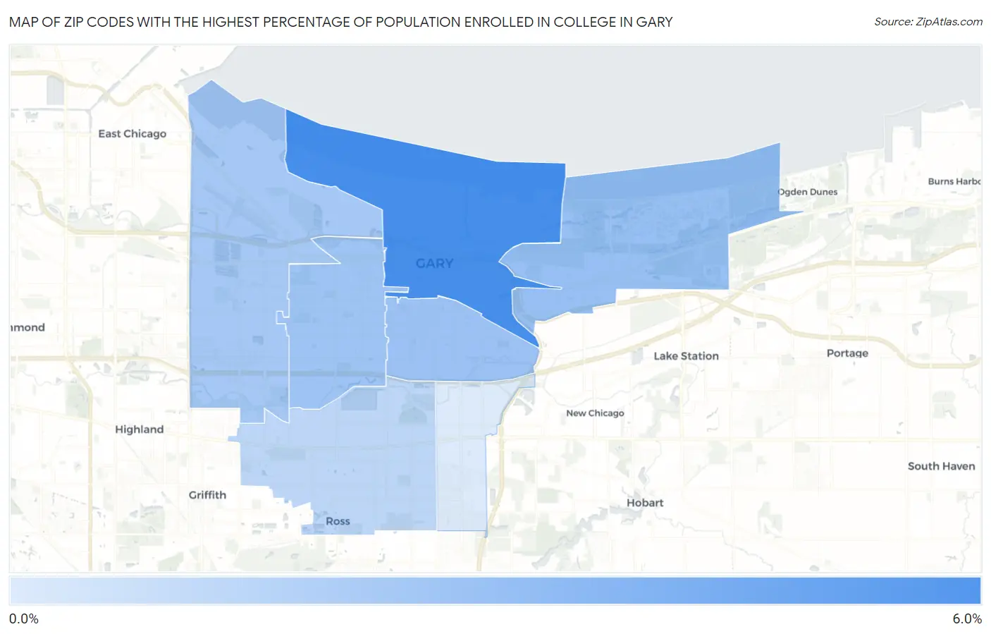 Zip Codes with the Highest Percentage of Population Enrolled in College in Gary Map