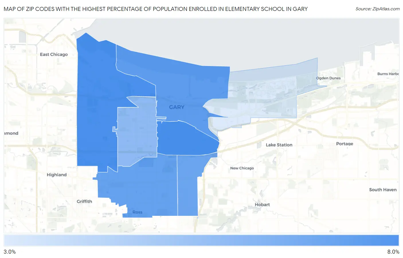 Zip Codes with the Highest Percentage of Population Enrolled in Elementary School in Gary Map