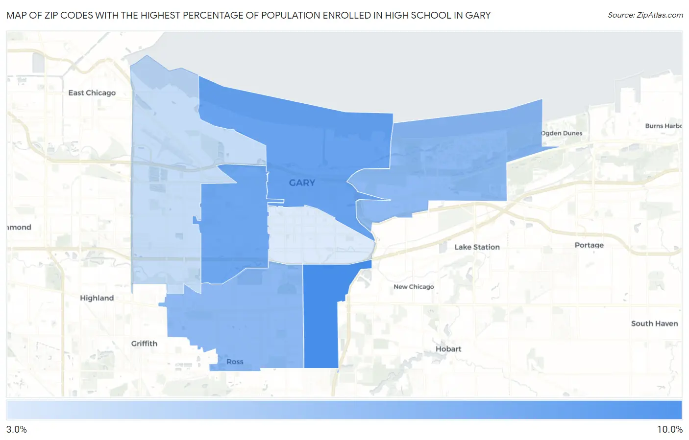 Zip Codes with the Highest Percentage of Population Enrolled in High School in Gary Map