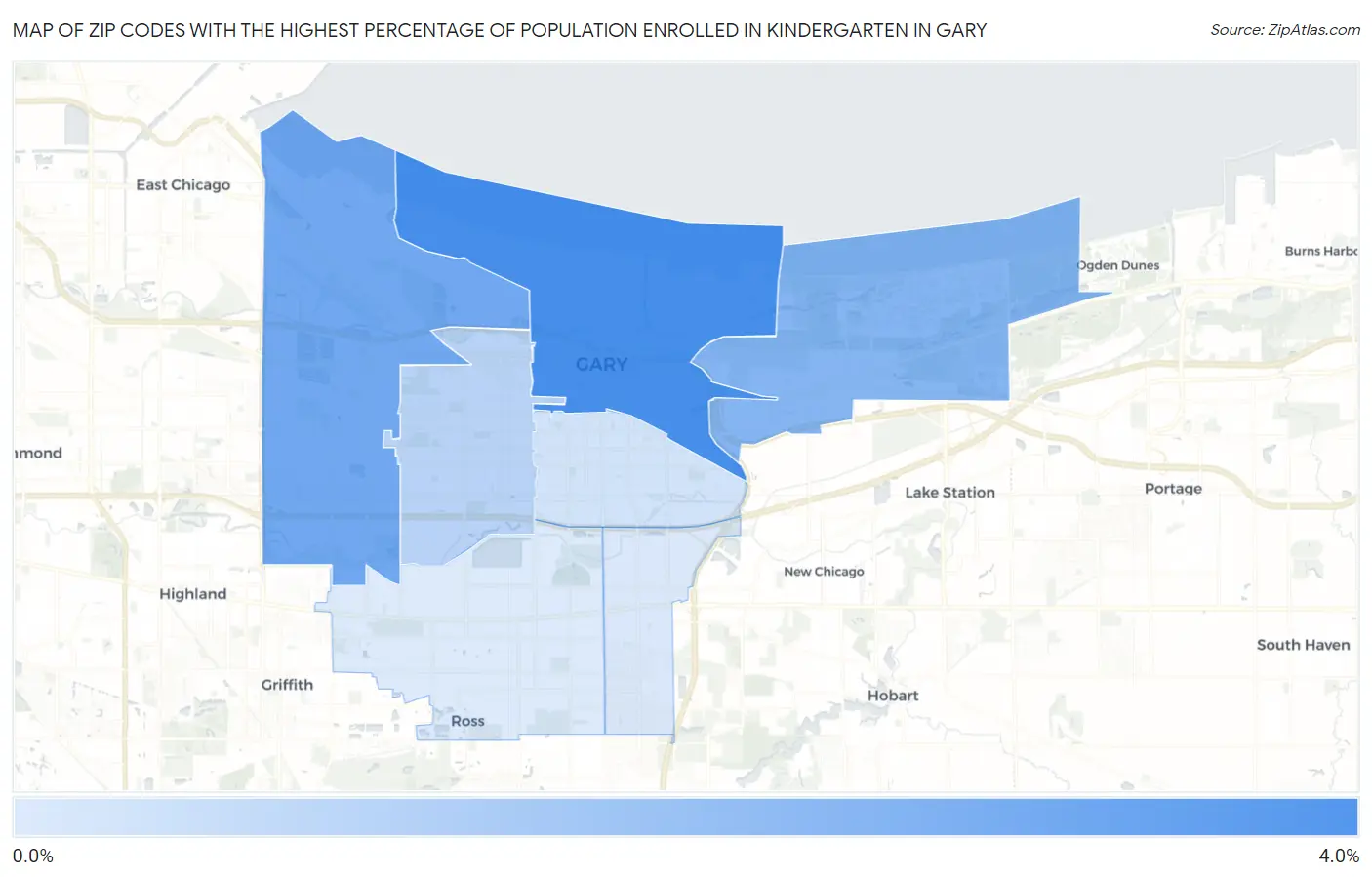 Zip Codes with the Highest Percentage of Population Enrolled in Kindergarten in Gary Map