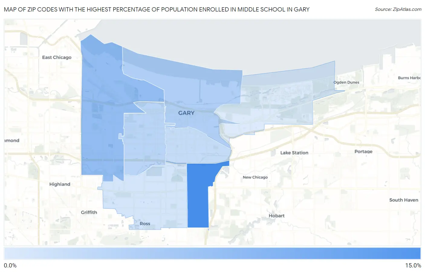 Zip Codes with the Highest Percentage of Population Enrolled in Middle School in Gary Map