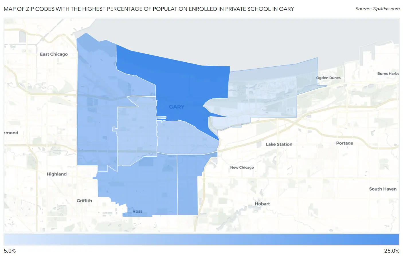 Zip Codes with the Highest Percentage of Population Enrolled in Private School in Gary Map