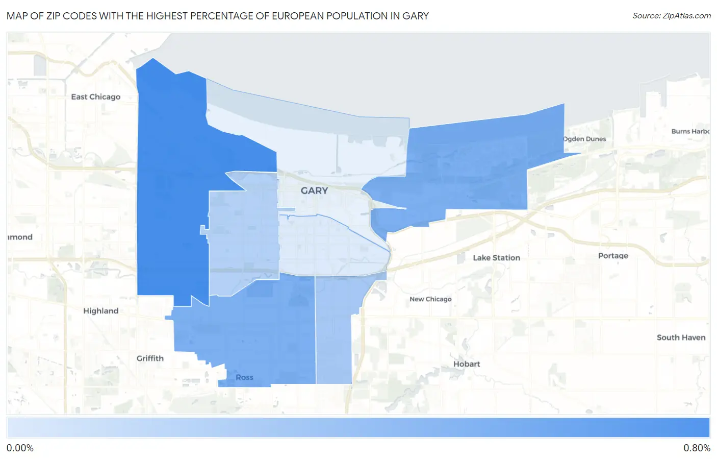 Zip Codes with the Highest Percentage of European Population in Gary Map