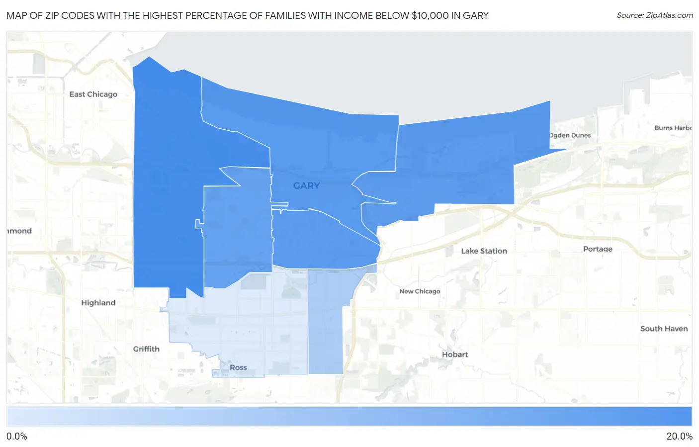 Zip Codes with the Highest Percentage of Families with Income Below $10,000 in Gary Map