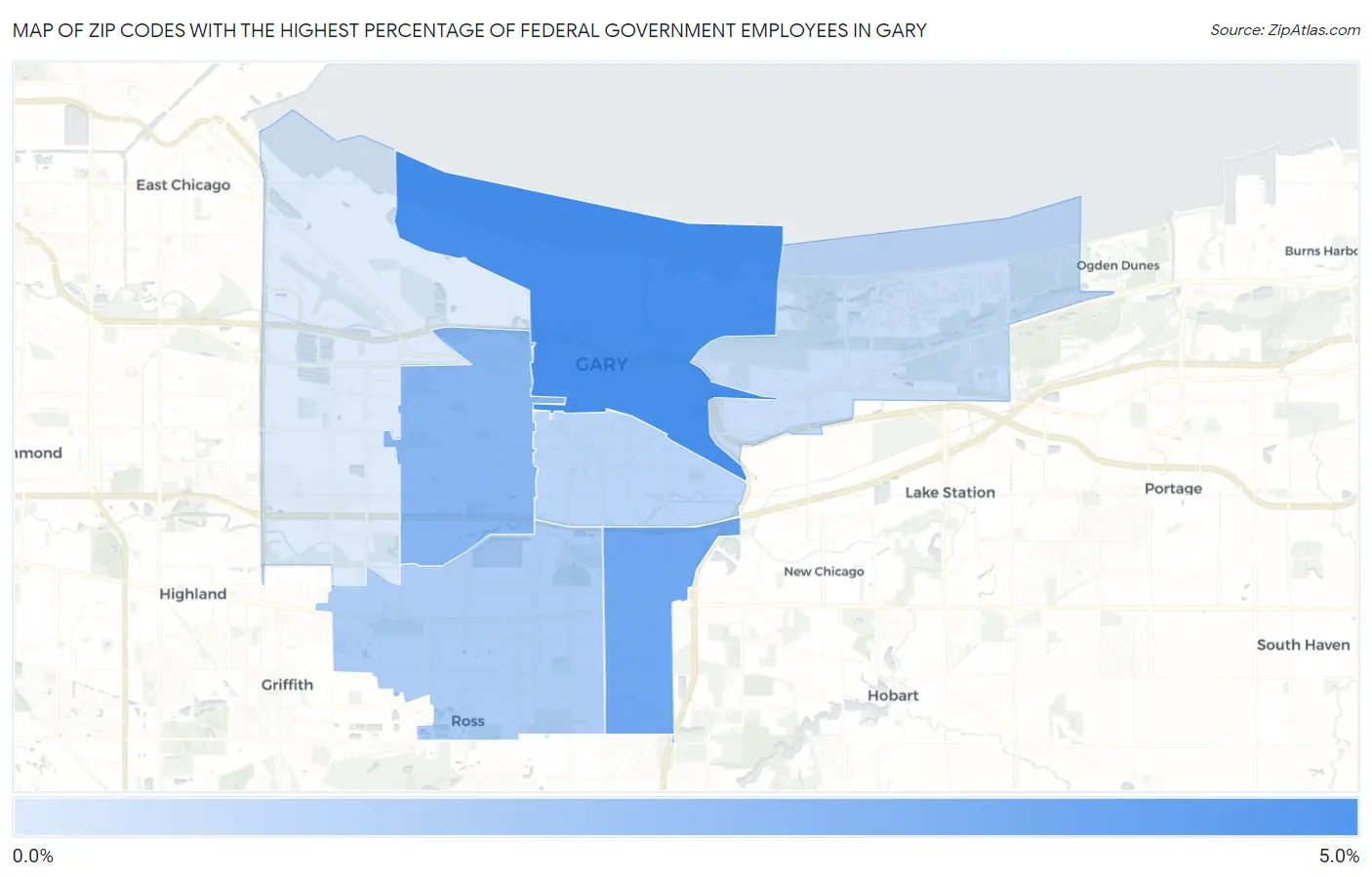 Zip Codes with the Highest Percentage of Federal Government Employees in Gary Map