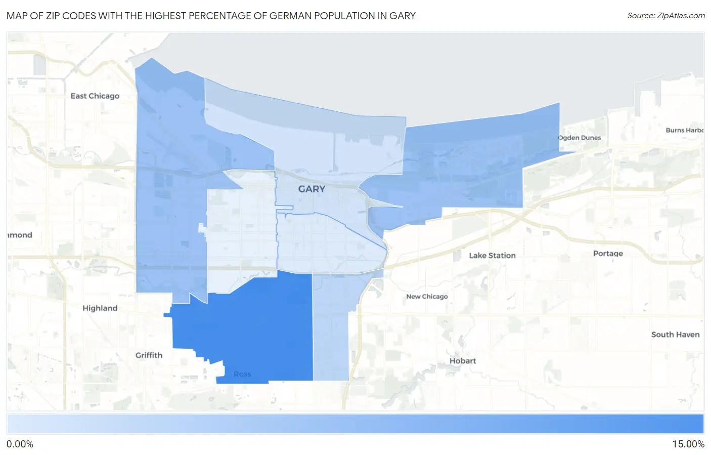 Zip Codes with the Highest Percentage of German Population in Gary Map