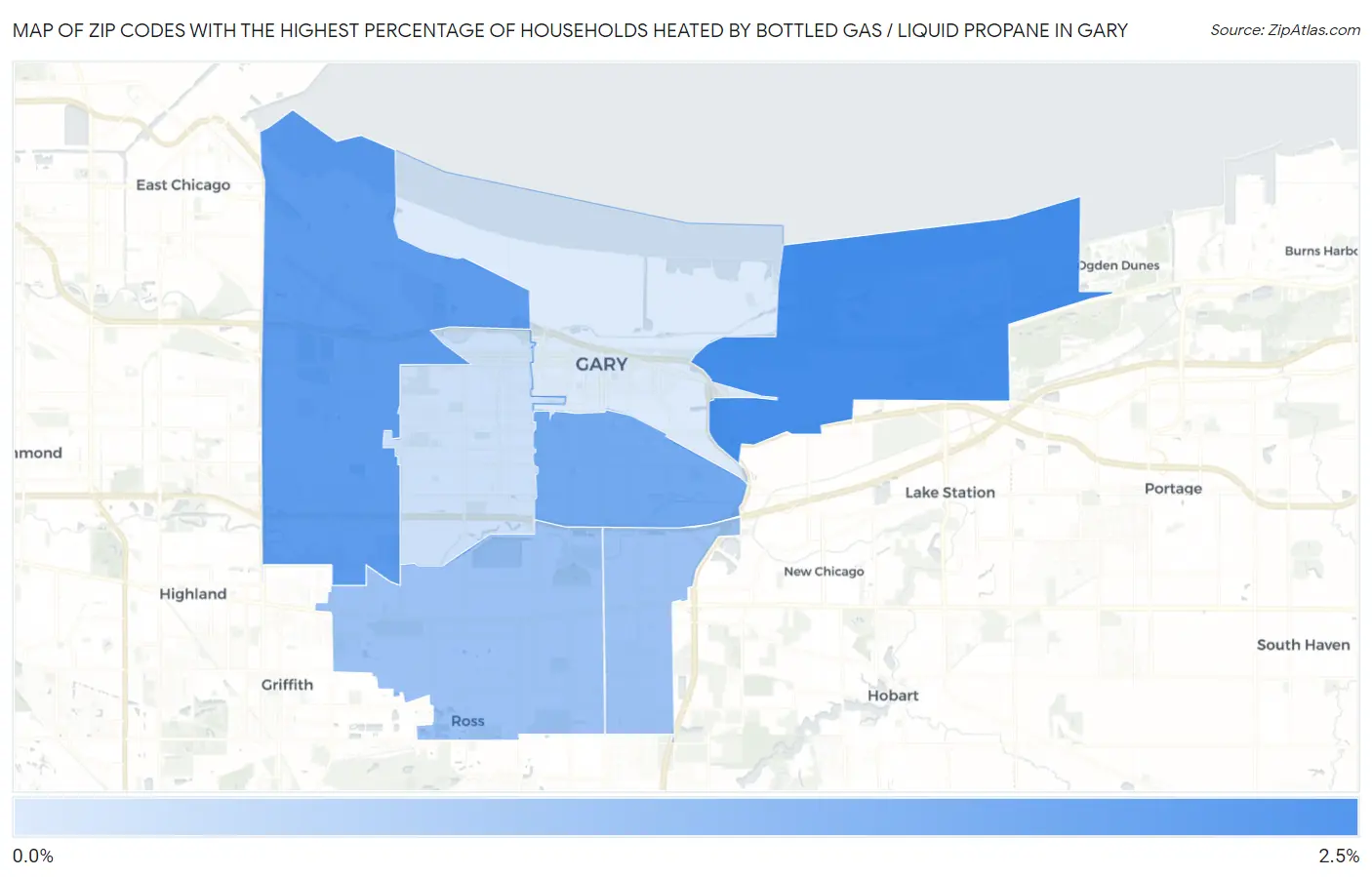 Zip Codes with the Highest Percentage of Households Heated by Bottled Gas / Liquid Propane in Gary Map