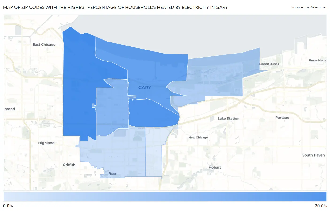 Zip Codes with the Highest Percentage of Households Heated by Electricity in Gary Map