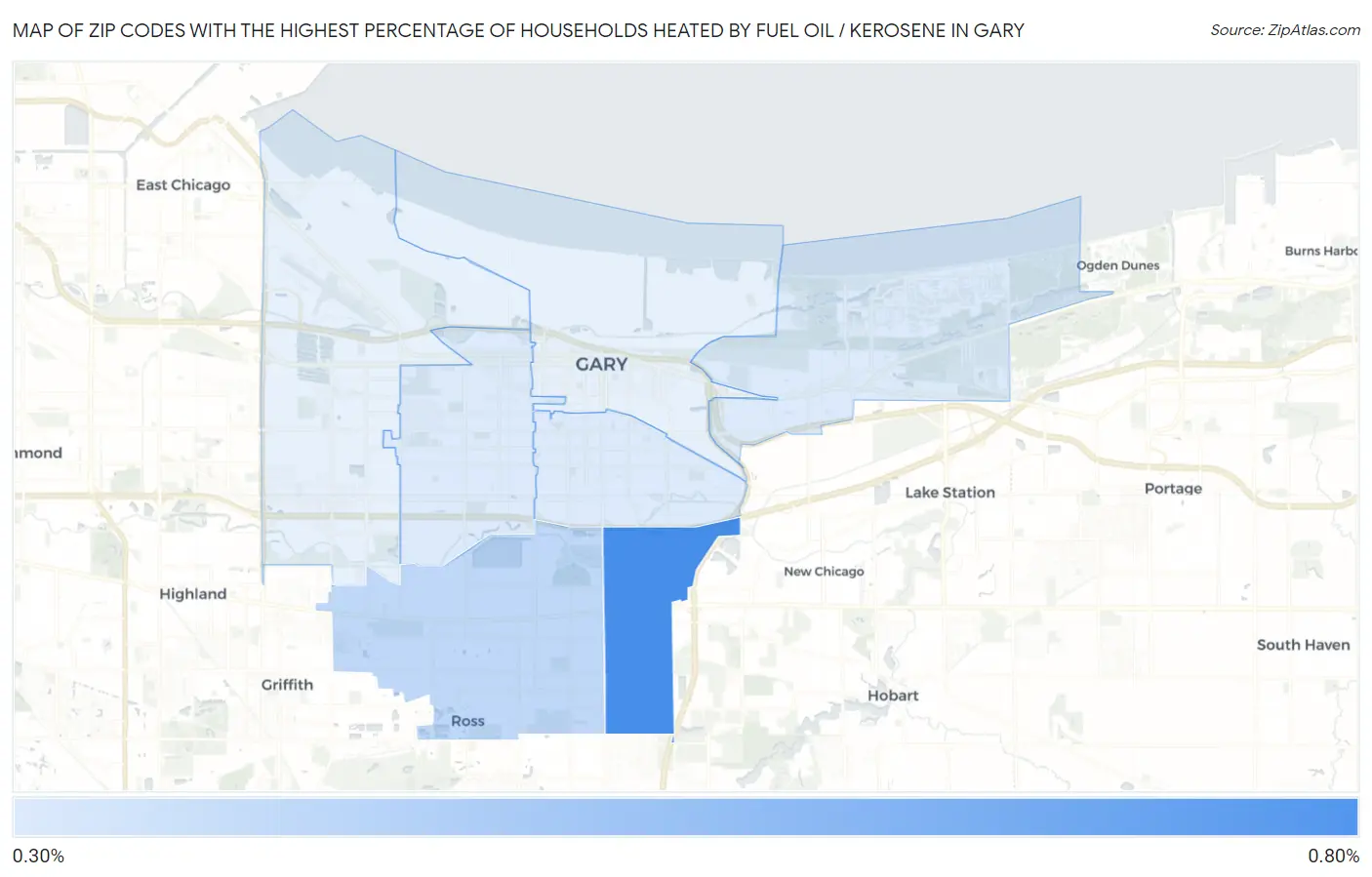 Zip Codes with the Highest Percentage of Households Heated by Fuel Oil / Kerosene in Gary Map