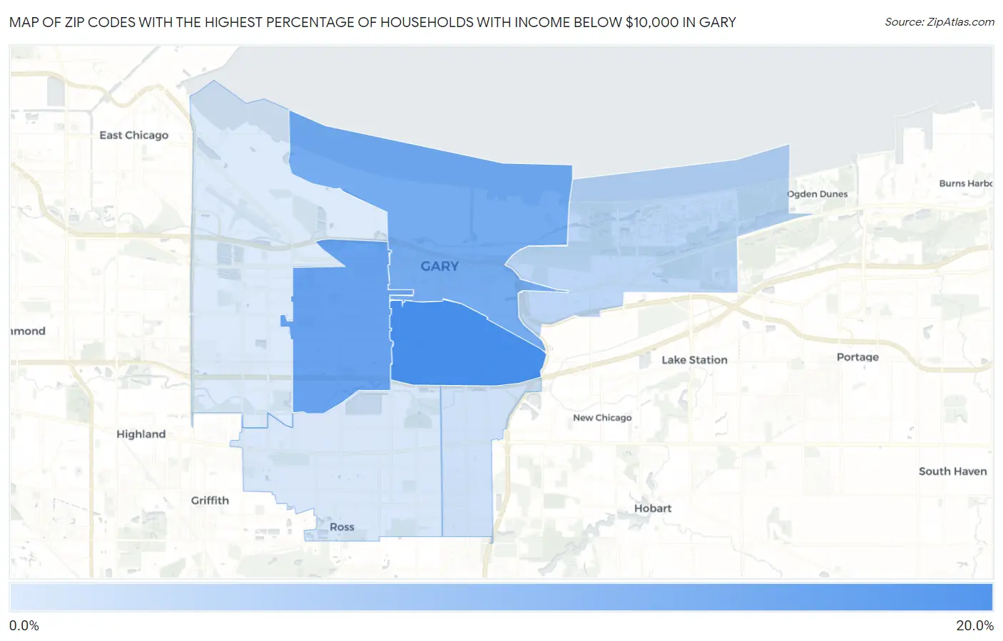 Zip Codes with the Highest Percentage of Households with Income Below $10,000 in Gary Map