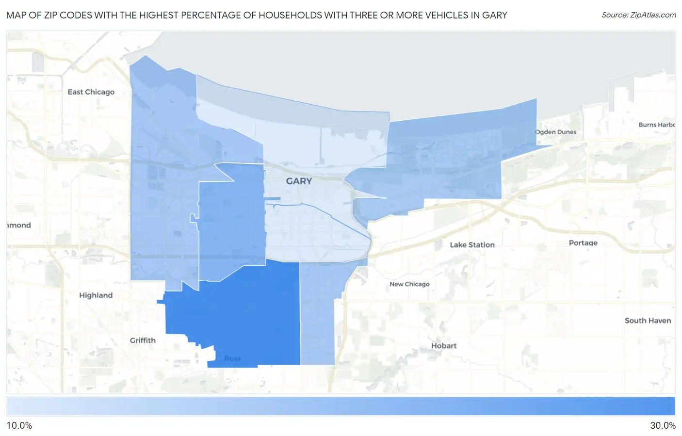 Zip Codes with the Highest Percentage of Households With Three or more Vehicles in Gary Map