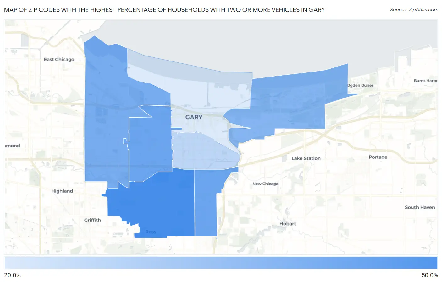 Zip Codes with the Highest Percentage of Households With Two or more Vehicles in Gary Map