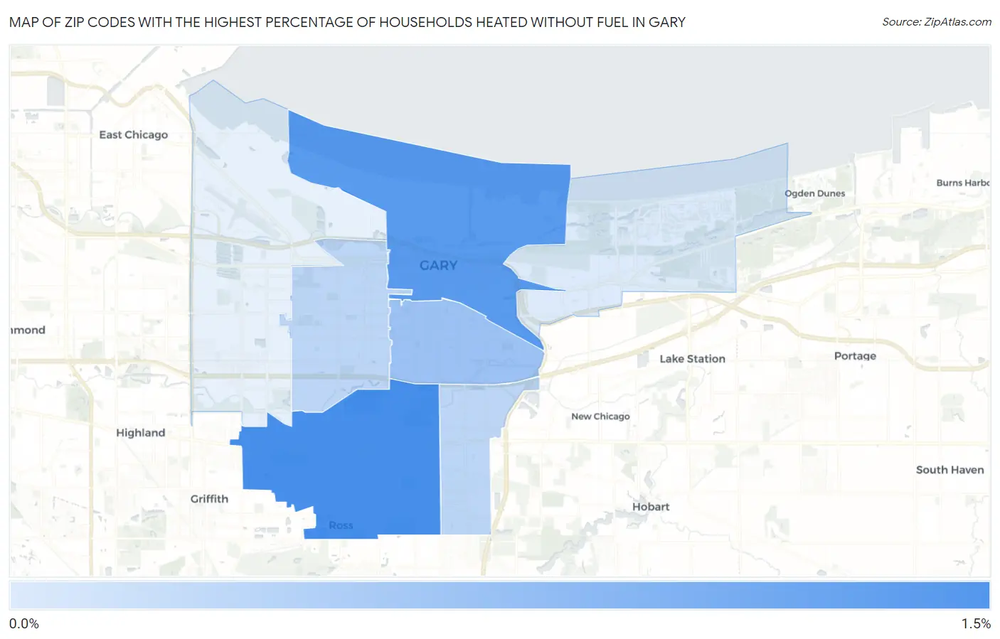 Zip Codes with the Highest Percentage of Households Heated without Fuel in Gary Map