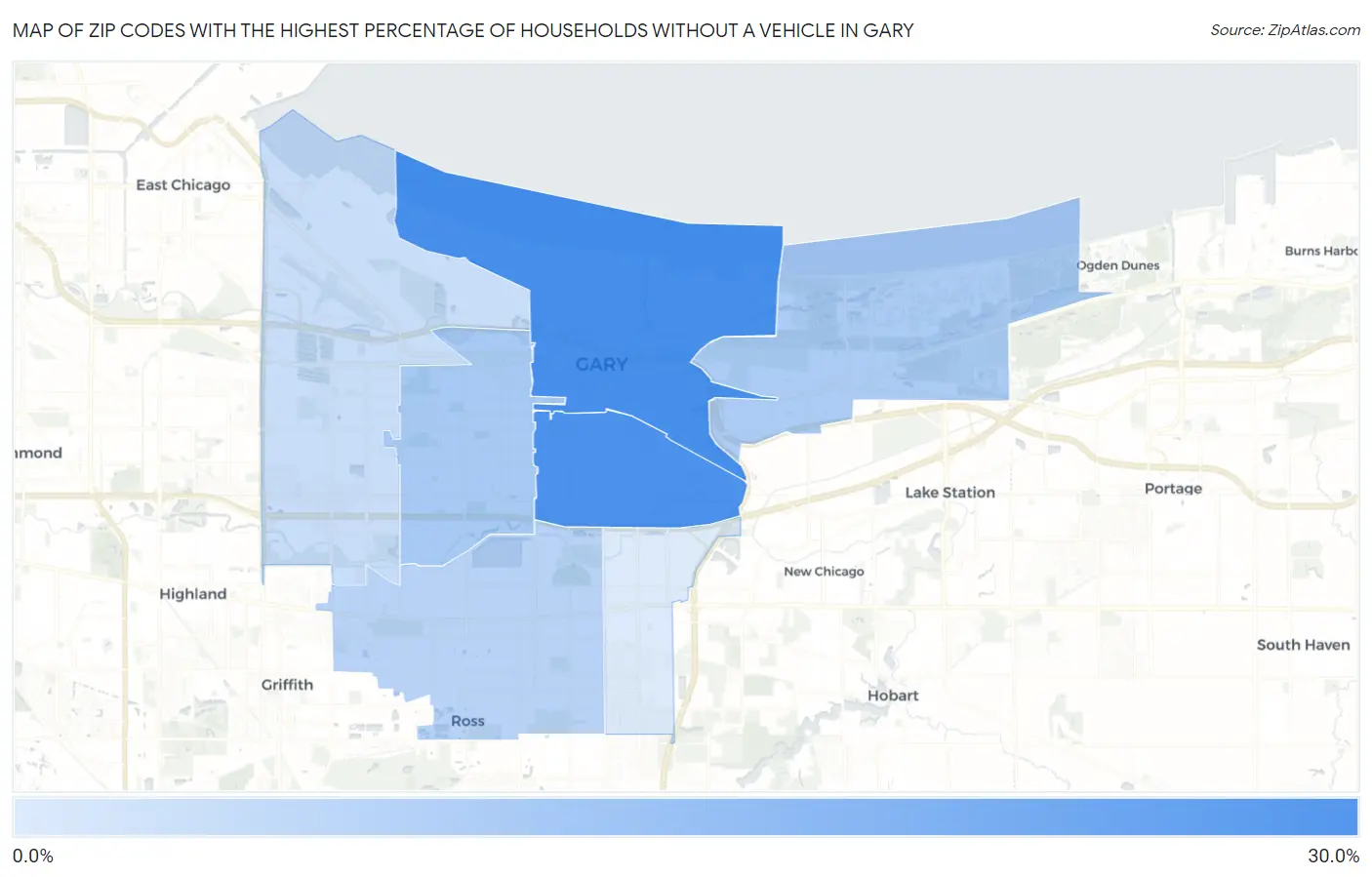 Zip Codes with the Highest Percentage of Households Without a Vehicle in Gary Map