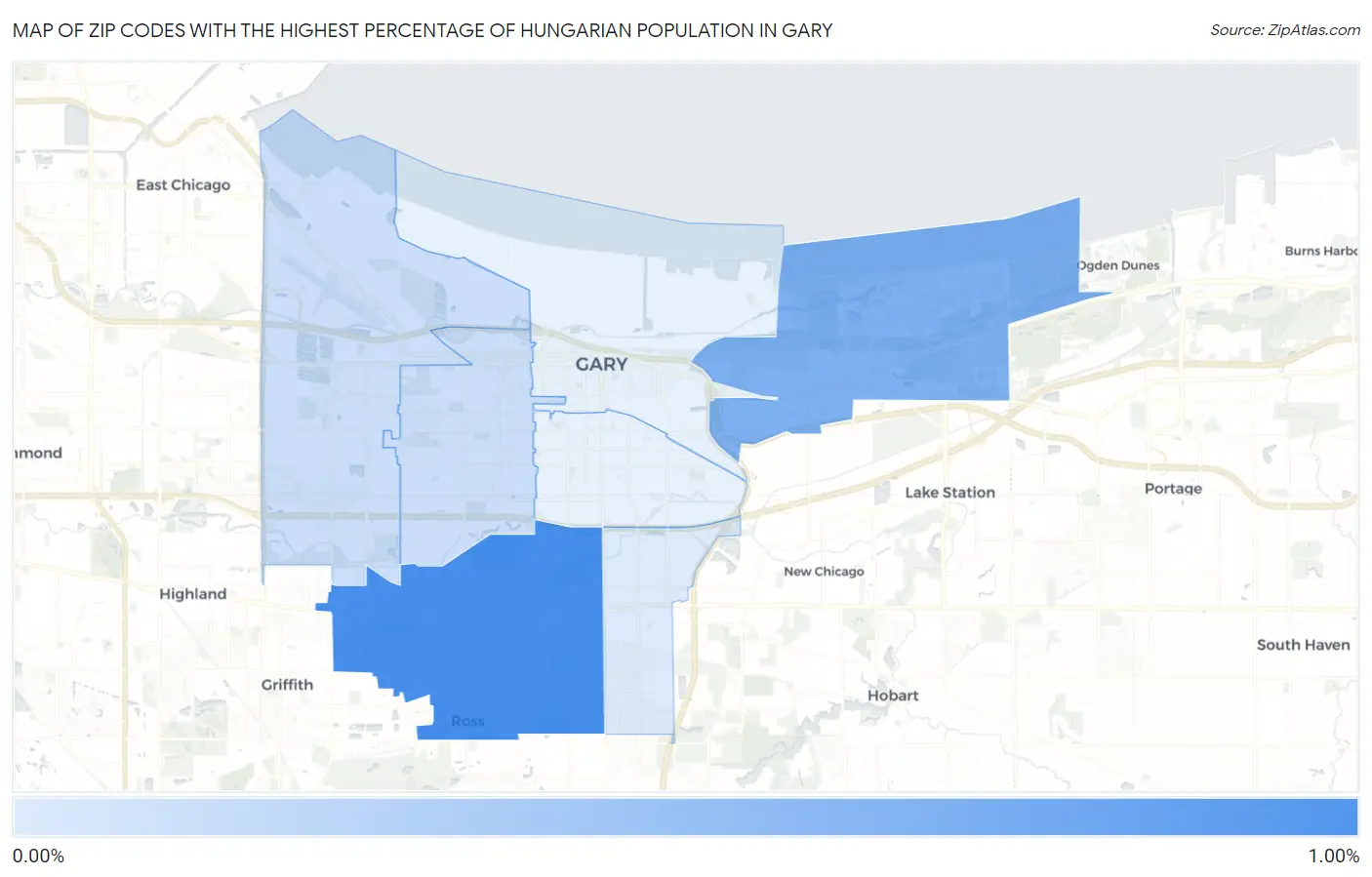 Zip Codes with the Highest Percentage of Hungarian Population in Gary Map